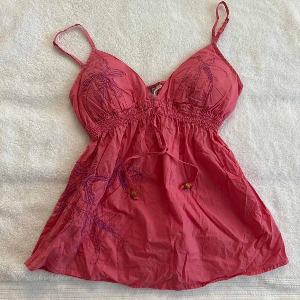 Pink babydoll top with embroidery and adjustable straps